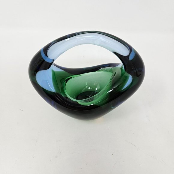 Vintage Bohemia Glass Czech Blue Green Basket - Picture 7 of 11